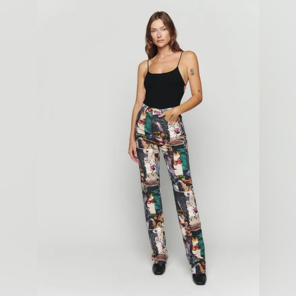 Reformation Cynthia High Rise Straight Long Jeans in Decoupage Sz 24